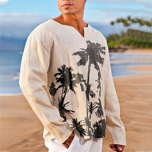 

Men's Unisex T shirt Tee 3D Print Graphic Prints Coconut Tree V Neck Street Daily Print Long Sleeve Tops Designer Basic Casual Big and Tall Khaki
