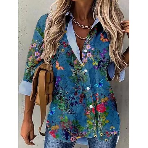 

Women's Blouse Flower Daily Weekend Blouse Shirt Long Sleeve Print Shirt Collar Casual Blue Gray Pink S