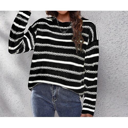 

Women's Pullover Jumper Crochet Knit Knitted Striped Crew Neck Casual Daily Fall Winter Black Beige S M L / Cotton / Long Sleeve