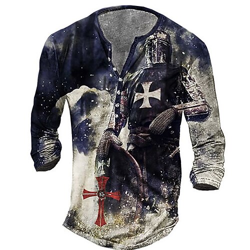 

Men's T shirt Tee Henley Shirt Tee Graphic Soldier Henley Navy Blue 3D Print Plus Size Outdoor Daily Long Sleeve Button-Down Print Clothing Apparel Basic Designer Classic Comfortable / Sports