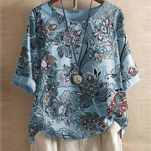 

Women's Plus Size Tops T shirt Tee Floral Color Block Patchwork Print Half Sleeve Crewneck Streetwear Daily Going out Polyester Spring Summer Maroon Green / Loose Fit