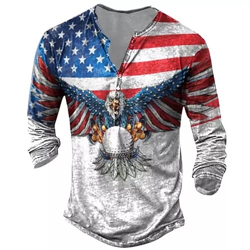 

Men's T shirt Tee Henley Shirt Tee Graphic National Flag Henley White Long Sleeve 3D Print Plus Size Outdoor Daily Button-Down Print Tops Basic Designer Classic Comfortable / Sports