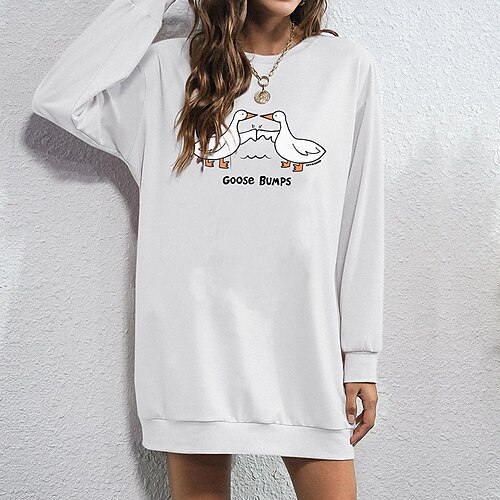 

Women's Pullover Hoodie Dress Streetwear Long Print Black White Text Duck Daily Crew Neck Long Sleeve S M L XL XXL