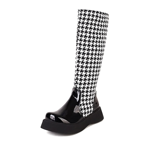 

Women's Boots Suede Shoes Mid Calf Boots Flat Heel Round Toe Preppy Minimalism Halloween PU Leather Suede Zipper Fall Winter Color Block White Black