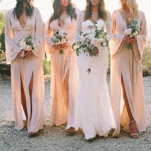 

Sheath / Column Bridesmaid Dress V Neck Long Sleeve Sexy Floor Length Chiffon with Split Front / Solid Color 2022