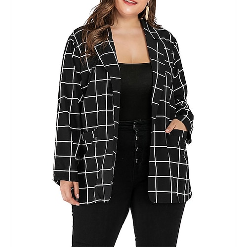 

Women's Plus Size Blazer Print Plaid Holiday Date Long Sleeve Shirt Collar Regular Fall Winter Black XL XXL 3XL 4XL