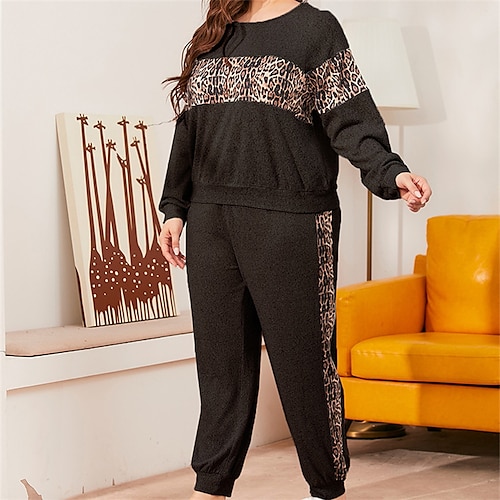 

Women's Plus Size Tops Plus Size Set Leopard Print Long Sleeve Crewneck Streetwear Daily Going out Polyester Fall Spring Black Light Grey