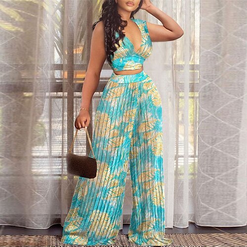 

Women's Plus Size Tops Set Leaf Backless Print Sleeveless V Neck Sexy Streetwear Daily Going out Polyester Spring Summer Green