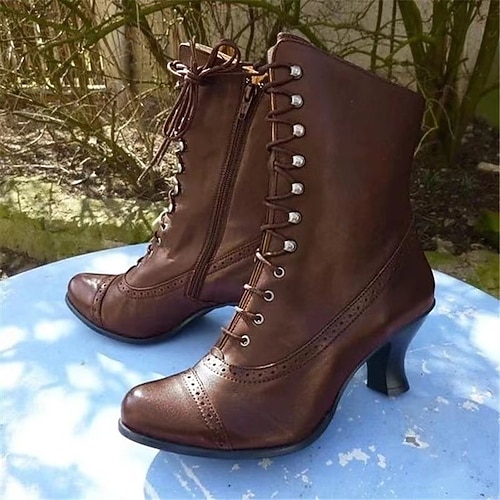 

Women's Boots Motorcycle Boots Plus Size Booties Ankle Boots High Heel Pointed Toe Casual Daily PU Leather Lace-up Fall Winter Black Gray Brown