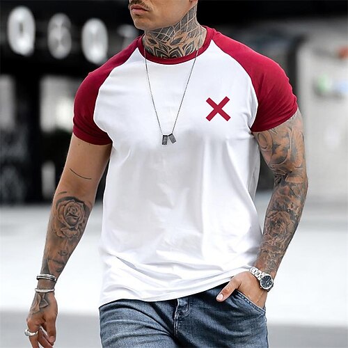 

Men's T shirt Tee Hot Stamping Graphic Patterned Symbol Crew Neck Street Daily Patchwork Print Short Sleeve Tops Designer Casual Fashion Comfortable Red / Summer