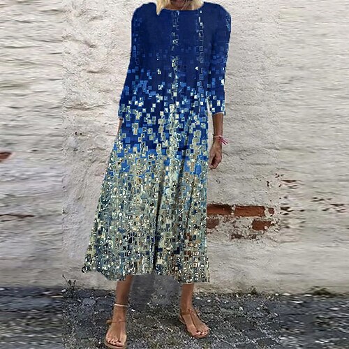 

Women's Shift Dress Midi Dress Blue Purple Rainbow 3/4 Length Sleeve Print Color Gradient Ruched Print Fall Winter Round Neck Casual Vacation 2022 S M L XL XXL 3XL
