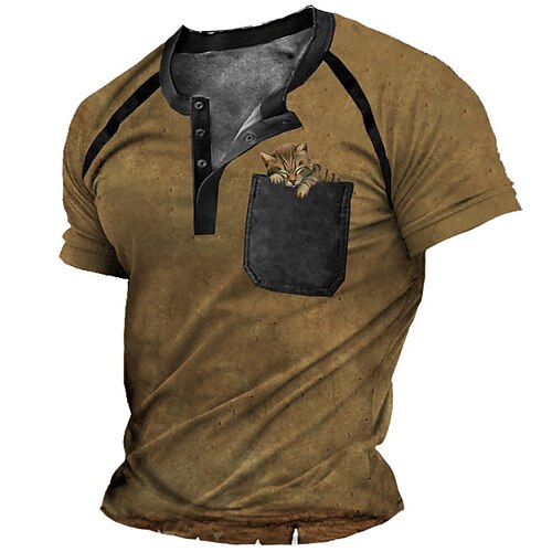

Men's Henley Shirt Tee T shirt Tee 3D Print Cat Graphic Plus Size Henley Daily Sports Button-Down Print Short Sleeve Tops Designer Basic Casual Classic Brown / Summer