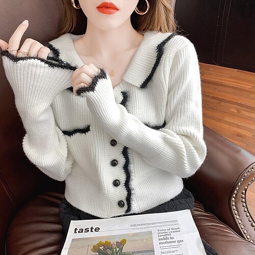 

Women's Cardigan Sweater Jumper Crochet Knit Cropped Pocket Knitted Striped Shirt Collar Stylish Casual Daily Date Fall Winter White Black One-Size / Long Sleeve / Regular Fit / Going out