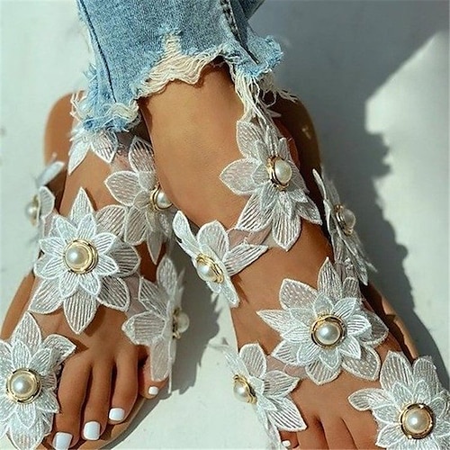 

Women's Wedding Shoes Sandals Boho Bohemia Beach Flat Sandals Plus Size Wedding Party Daily Summer Imitation Pearl Flower Flat Heel Open Toe Cute Elegant Casual Walking Shoes Lace Synthetics Loafer