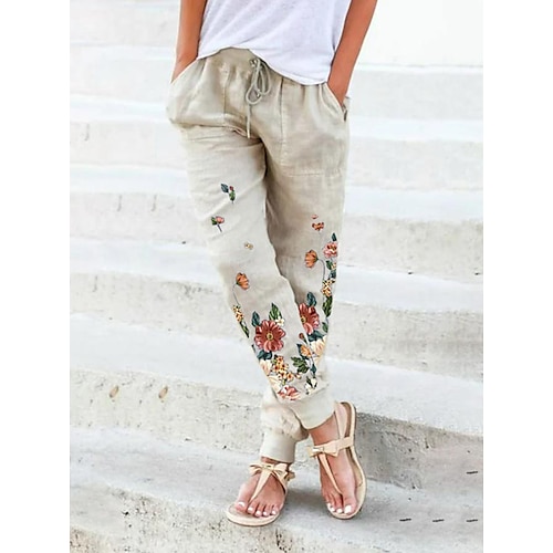 

Women's Joggers Chinos Pants Trousers Linen Linen / Cotton Blend Green Blue Yellow Mid Waist Fashion Casual Weekend Side Pockets Print Micro-elastic Full Length Comfort Flower / Floral S M L XL XXL