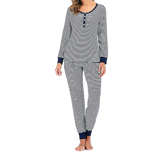 

Women's Sets Sleepwear Nighty 2 Pieces Stripe Fashion Simple Home Bed Cotton Breathable Crew Neck Long Sleeve Pocket Elastic Waist Fall Spring Royal Blue Gray