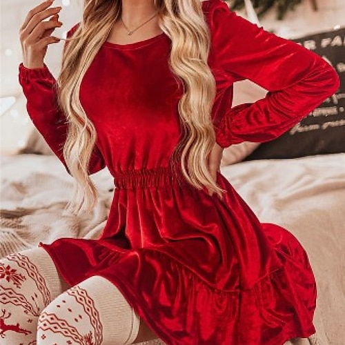 

Women's A Line Dress Short Mini Dress Black Pink Light Green Dark Green Khaki Red Long Sleeve Pure Color Ruffle Velvet Fall Winter Round Neck Fashion Modern 2022 S M L XL 2XL