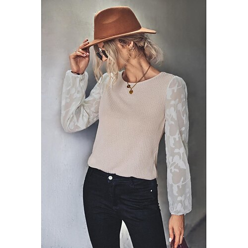 

Women's Autumn/Winter Patchwork Jacquard Bubble Long Sleeve Top T-Shirt