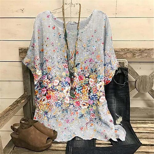 

Women's Plus Size Tops Blouse Shirt Floral Print Half Sleeve Crewneck Streetwear Daily Sports Cotton Spandex Jersey Spring Summer Gray