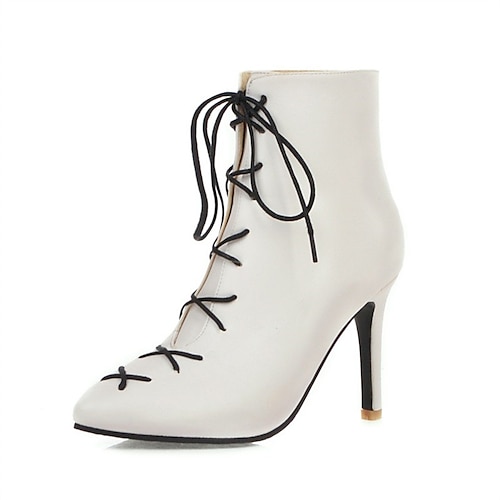 

Women's Boots Daily Lace Up Boots Booties Ankle Boots Winter Lace-up Stiletto Heel Pointed Toe Sweet PU Leather Lace-up Solid Colored Black Yellow White