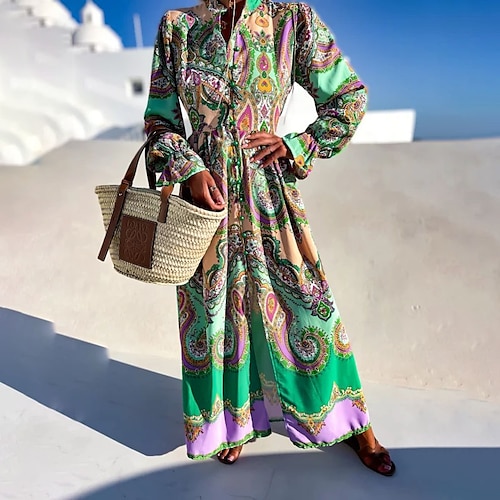 

Women's Swing Dress BohoDress Maxi long Dress Green Orange Long Sleeve Floral Split Print Fall Winter Stand Collar Fashion Boho 2022 S M L XL XXL