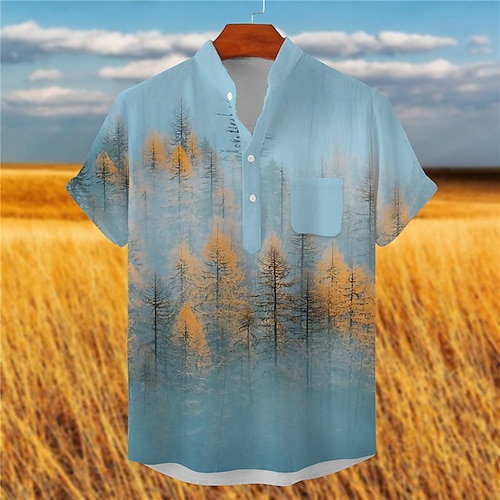 

Men's Shirt 3D Print Tree Stand Collar Street Casual Button-Down Print Short Sleeve Tops Designer Casual Fashion Breathable Blue / Summer