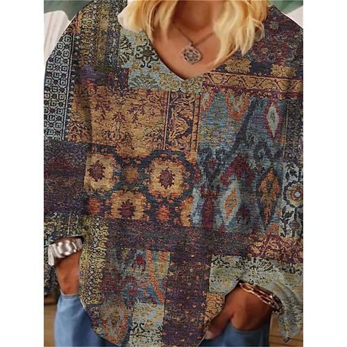 

Women's Plus Size Tops T shirt Tee Floral Geometry Print Long Sleeve V Neck Streetwear Daily Vacation Cotton Spandex Jersey Fall Winter Brown