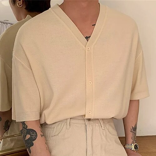 

Men's Shirt Solid Color V Neck Black Khaki Short Sleeve Street Daily Button-Down Tops Casual Comfortable / Summer / Summer