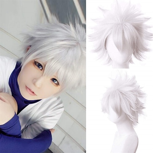 

Hunter x Hunter Killua Zoldyck Wigs Ebingoo Sliver White Cosplay Wig Wig Cap Short Natural Wavy Wig Synthetic Wig for Halloween Costume Party for Men Women