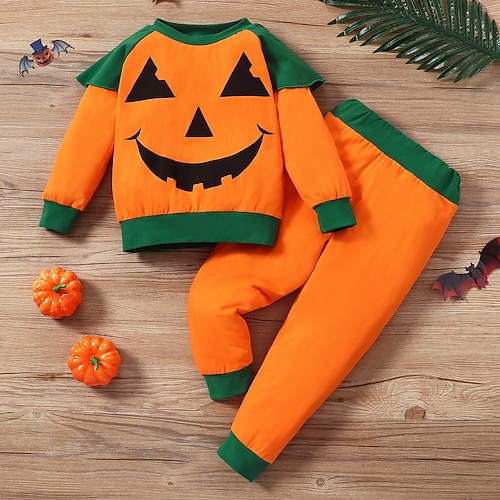 

Kids Unisex Halloween Hoodie & Pants Clothing Set 2 Pieces Long Sleeve Orange Pumpkin Street Vacation Cool Street Style