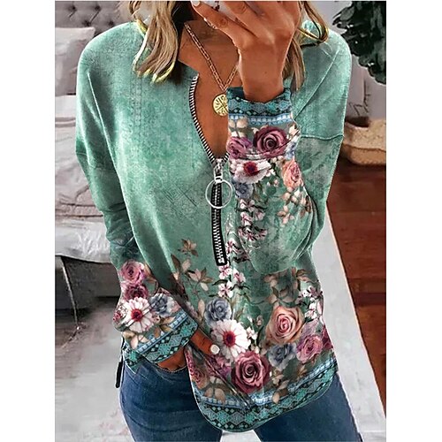 

Women's Sweatshirt Quarter Zipper Hoodie Sportswear Casual Patchwork Print Green Flower Loose Casual Half Zipper Long Sleeve S M L XL XXL 3XL / 3D Print
