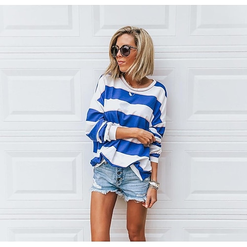

Women's clothing loose round neck long-sleeved printed striped t-shirt top women