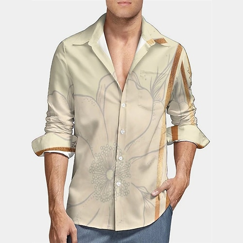 

Men's Shirt 3D Print Floral Graphic Patterned Turndown Street Daily 3D Print Button-Down Long Sleeve Tops Casual Classic Hawaiian Comfortable Beige / Summer