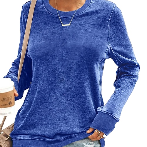 

Women's Blouse Basic Plain Daily Classic Round Neck Regular Spring & Fall Green Blue Grey