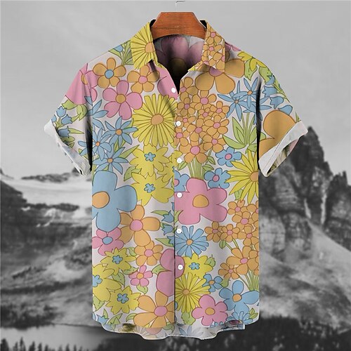 

Men's Shirt Floral Turndown Yellow Short Sleeves 3D Print Outdoor Street Button-Down Print Tops Fashion Designer Casual Breathable / Summer / Spring / Summer