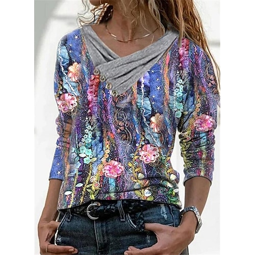 

2022 new cross-border urban leisure v-neck pullover retro positioning printing t-shirt on dandelion coat long sleeves