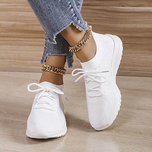 

Women's Trainers Athletic Shoes Daily Plus Size Flyknit Shoes Winter Lace-up Flat Heel Round Toe Casual Walking Shoes Tissage Volant Lace-up Solid Colored Dark Grey Black / Red Purple