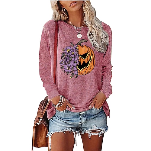 

Women's T shirt Tee Pumpkin Halloween Casual Weekend T shirt Tee Long Sleeve Print Round Neck Basic Halloween Green Black Blue S