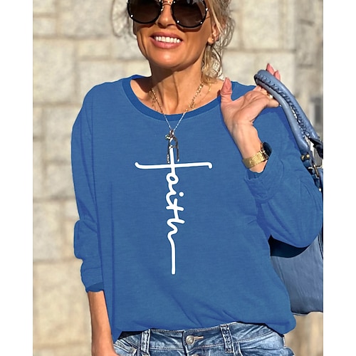 

Women's Pullover Casual Patchwork Print Black Blue Gray Letter Loose Fit Casual Round Neck Long Sleeve S M L XL XXL 3XL