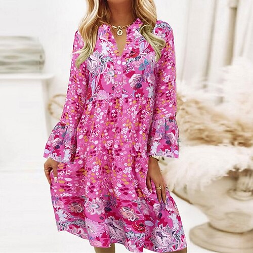 

Women's A Line Dress Floral Dress Knee Length Dress Pink Long Sleeve Floral Print Fall Winter V Neck Vacation Boho Loose 2022 S M L XL XXL