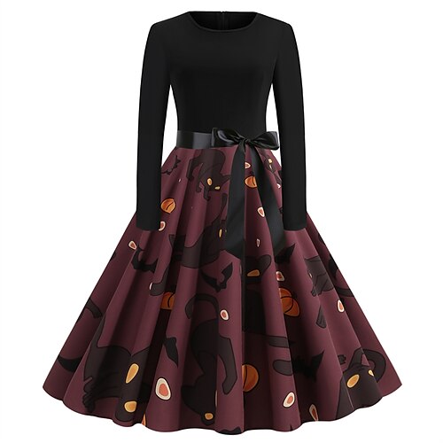

Women's A Line Dress Knee Length Dress Black Long Sleeve Print Cat Animal Print Fall Winter Crew Neck Stylish Elegant 2022 S M L XL 2XL