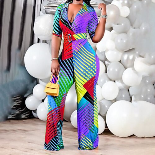 

Women's Jumpsuit Print Floral V Neck Casual Holiday Weekend Regular Fit Half Sleeve Green Purple Yellow L XL XXL Fall