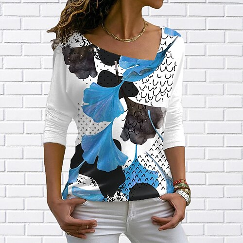 

Women's T shirt Tee Leaf Casual Weekend T shirt Tee Long Sleeve Patchwork Print Diagonal Neck Basic Green Blue Purple S / 3D Print