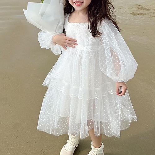 

Kids Girls' Dress Polka Dot A Line Dress Asymmetrical Dress Vacation Cotton Long Sleeve Princess Dress 2-8 Years Winter White