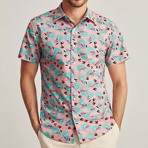 

Men's Shirt 3D Print Bird Animal Turndown Street Casual Button-Down Print Short Sleeve Tops Casual Fashion Breathable Pink / Summer
