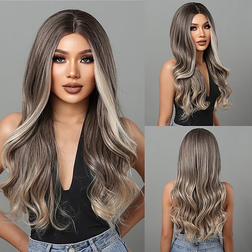 

Synthetic Wig Deep Wave Middle Part Machine Made Wig 26 inch Light Brown Synthetic Hair Women's Light Brown