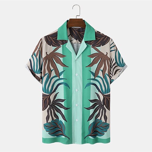 

Men's Shirt 3D Print Striped Leaves Turndown Street Casual Button-Down Print Short Sleeves Tops Designer Casual Fashion Breathable Green / Summer