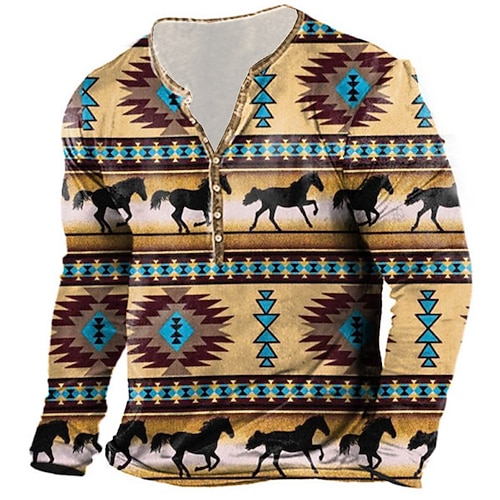

Men's T shirt Tee Henley Shirt Tee Graphic Animal Horse Henley Brown Long Sleeve 3D Print Plus Size Outdoor Daily Button-Down Print Tops Basic Designer Classic Comfortable / Sports