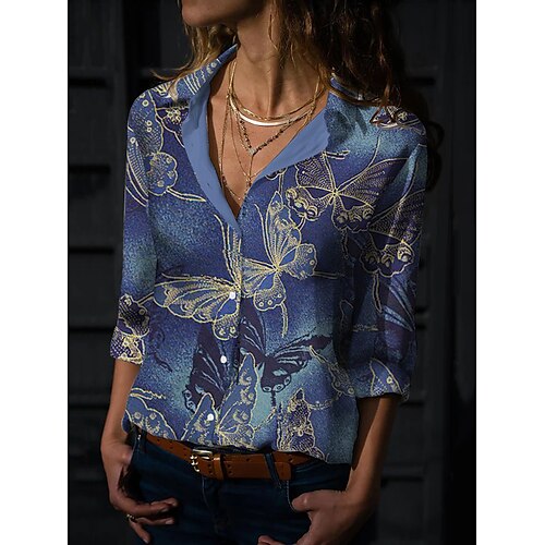 

Women's Blouse Shirt Blue Butterfly Button Print Long Sleeve Daily Weekend Streetwear Casual Shirt Collar Regular Butterfly S