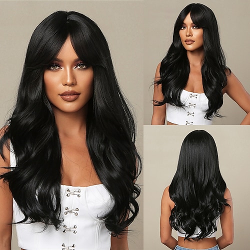 

Synthetic Wig Natural Wave Bob Machine Made Wig 30 inch Black Synthetic Hair Women's Natural Black